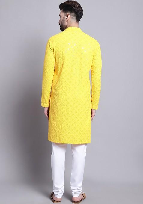 Yellow Embroidered Cotton Kurta Set For Men