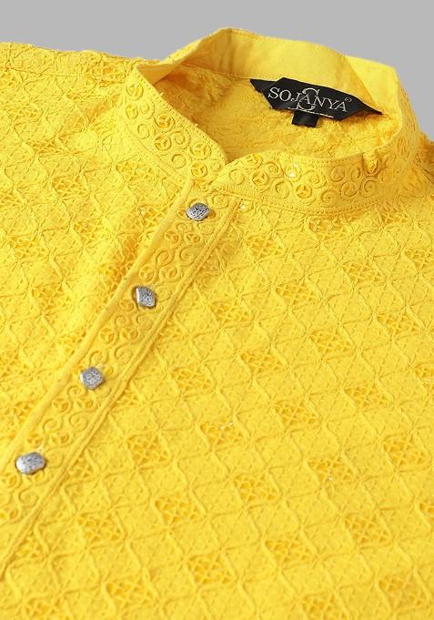 Yellow Embroidered Cotton Kurta Set For Men