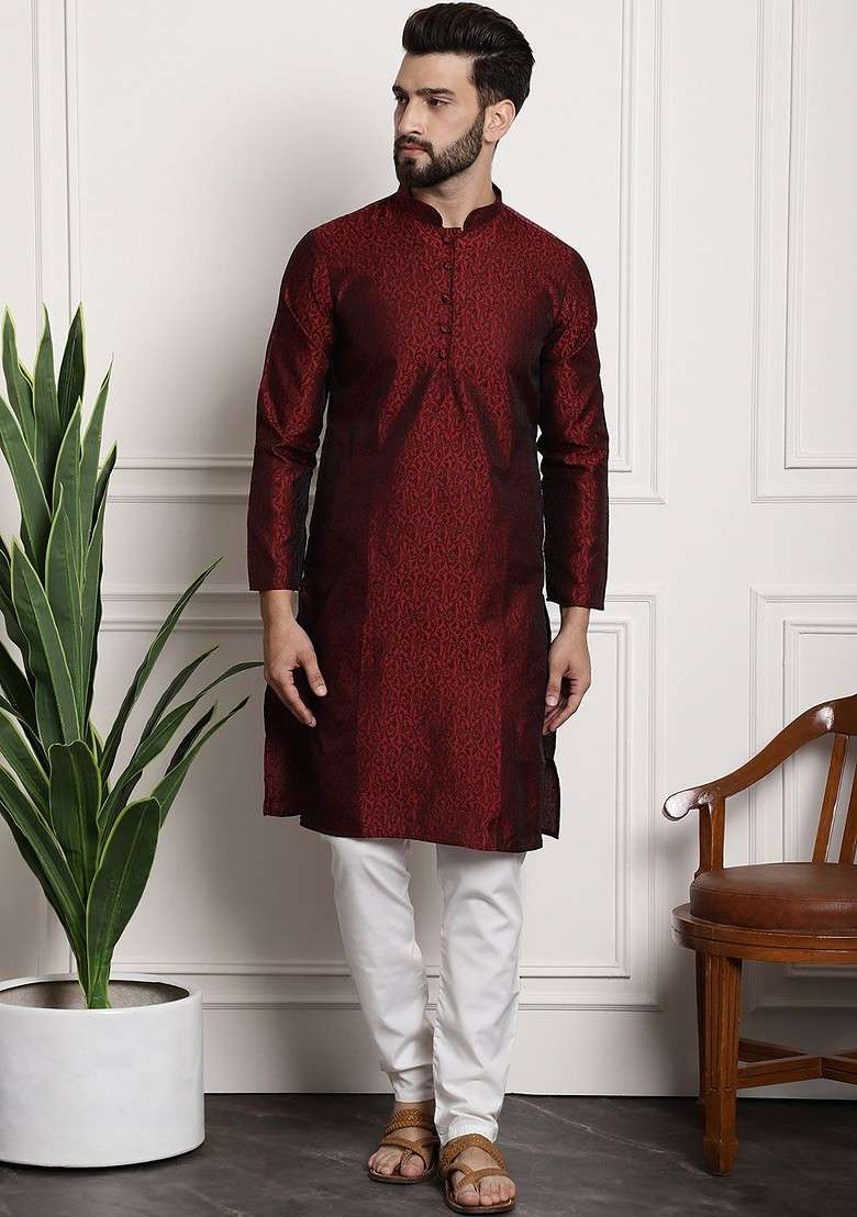 Red Solid Poly Blend Kurta Set For Men - Indya