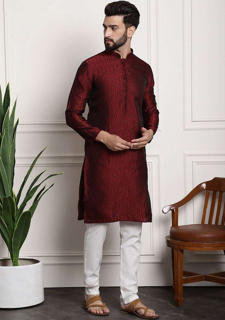 Red Solid Poly Blend Kurta Set For Men - Indya