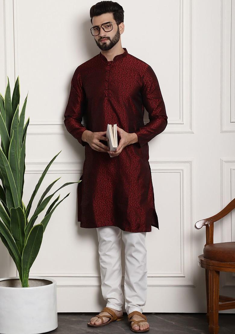 Red Solid Poly Blend Kurta Set For Men