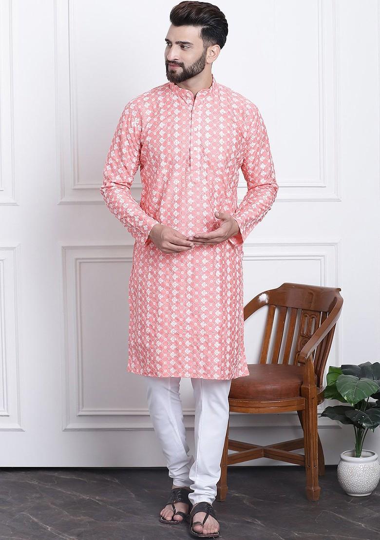 Pink Embroidered Poly Blend Kurta Set For Men