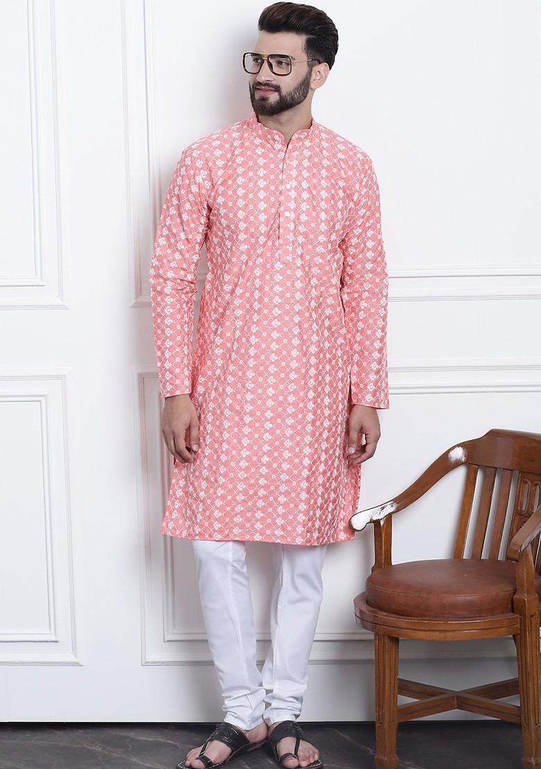 Pink Embroidered Poly Blend Kurta Set For Men