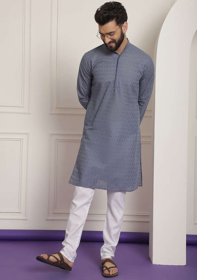 Grey Embroidered Cotton Kurta Set For Men - Indya