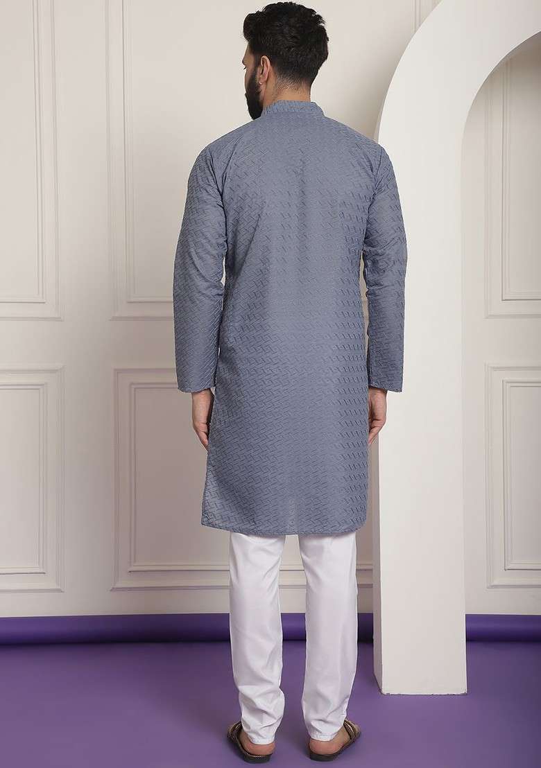 Grey Embroidered Cotton Kurta Set For Men - Indya