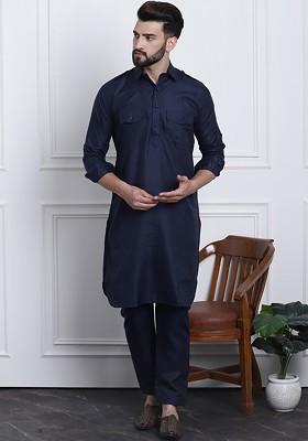 Navy Blue Solid Cotton Kurta Set For Men