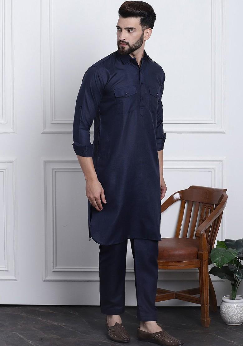Navy Blue Solid Cotton Kurta Set For Men