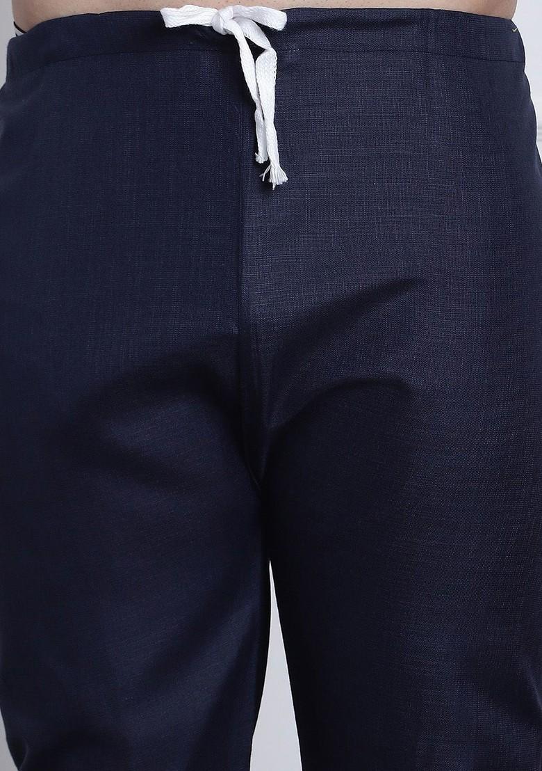 Navy Blue Solid Cotton Kurta Set For Men