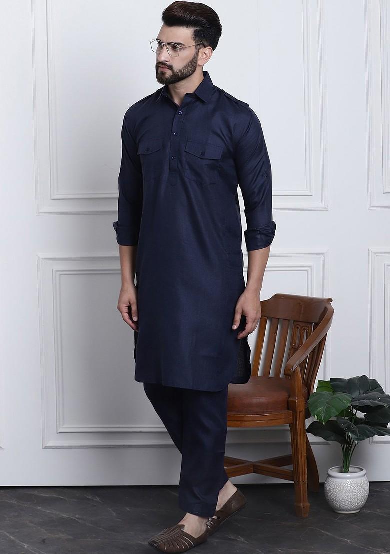 Navy Blue Solid Cotton Kurta Set For Men