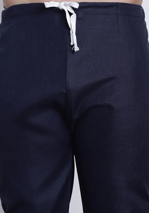 Navy Blue Solid Cotton Kurta Set For Men