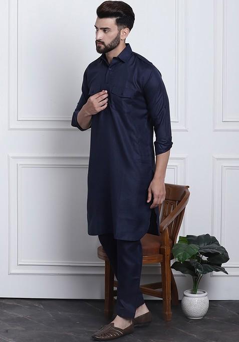 Navy Blue Solid Cotton Kurta Set For Men