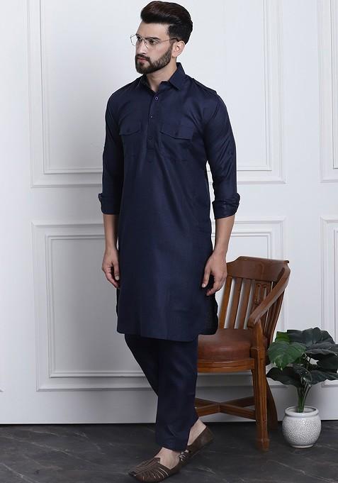 Navy Blue Solid Cotton Kurta Set For Men