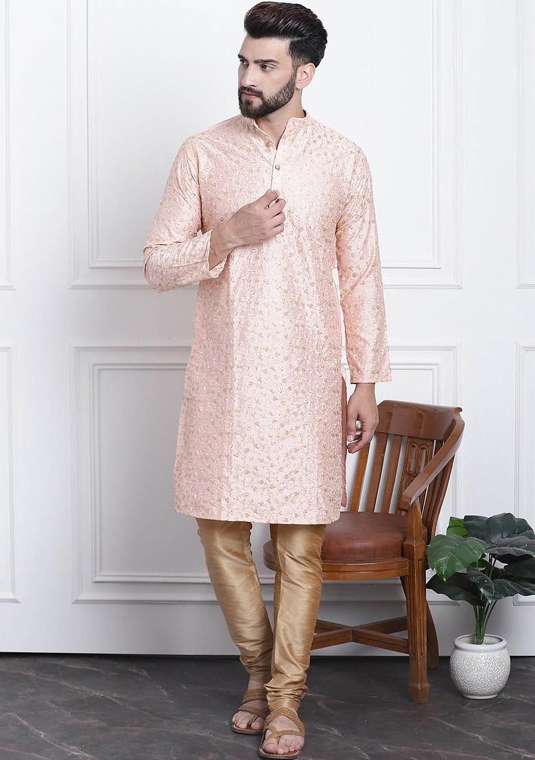 Peach Thread Work Cotton Kurta Set For Men