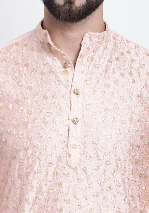 Peach Thread Work Cotton Kurta Set For Men
