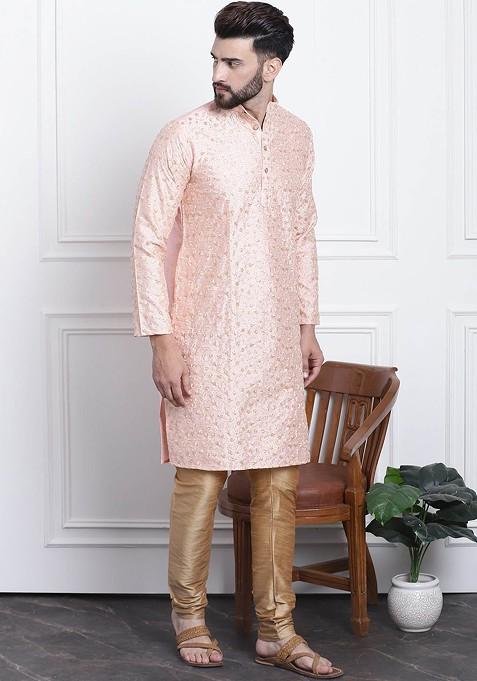 Peach Thread Work Cotton Kurta Set For Men