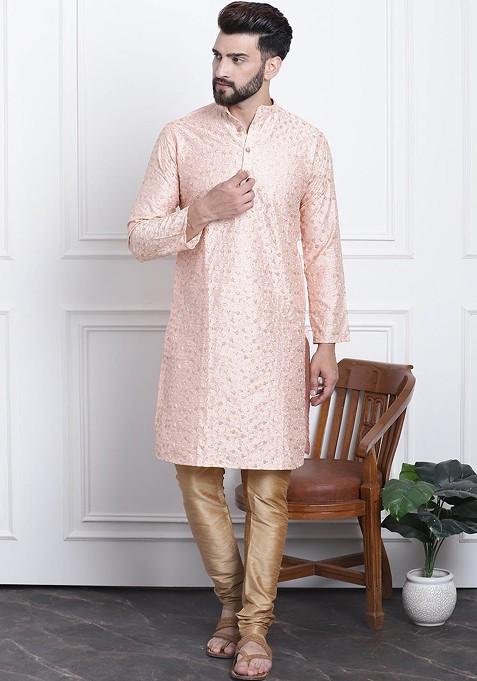 Peach Thread Work Cotton Kurta Set For Men