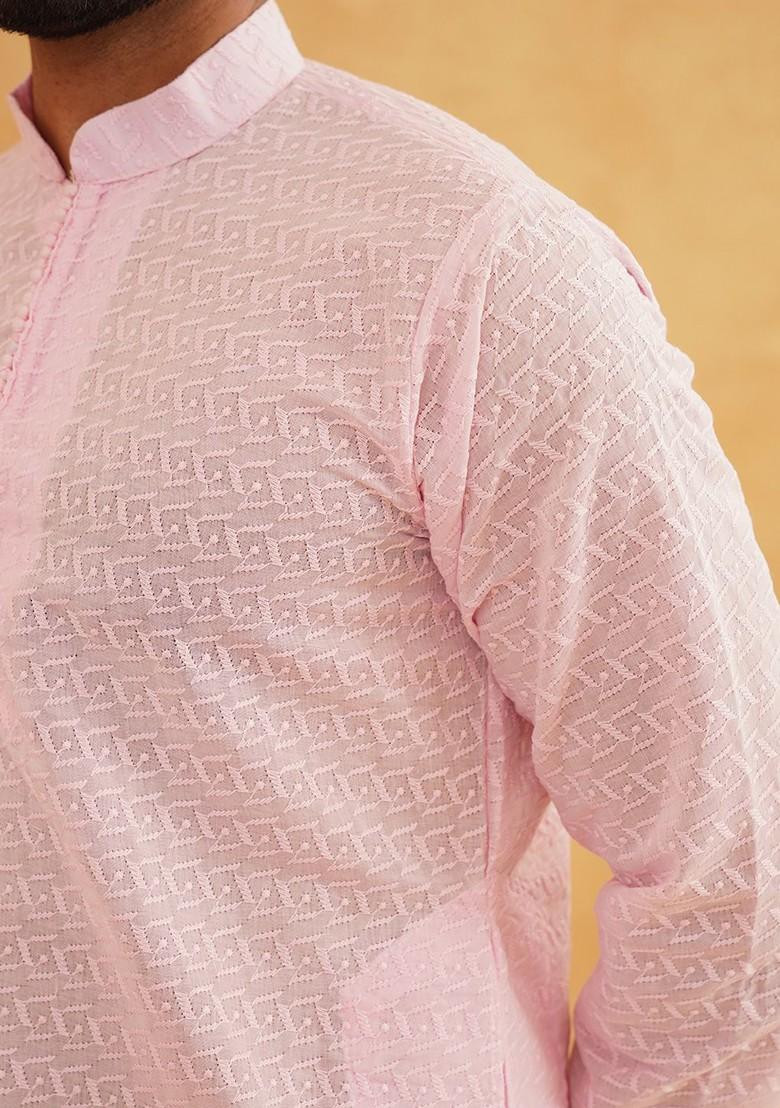 Pink Embroidered Cotton Kurta Set For Men