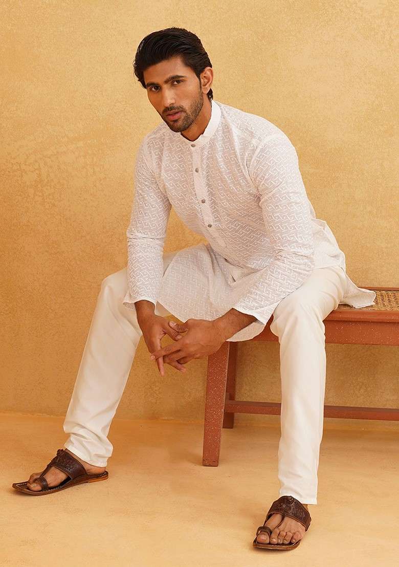 White Thread Work Cotton Kurta Set For Men - Indya