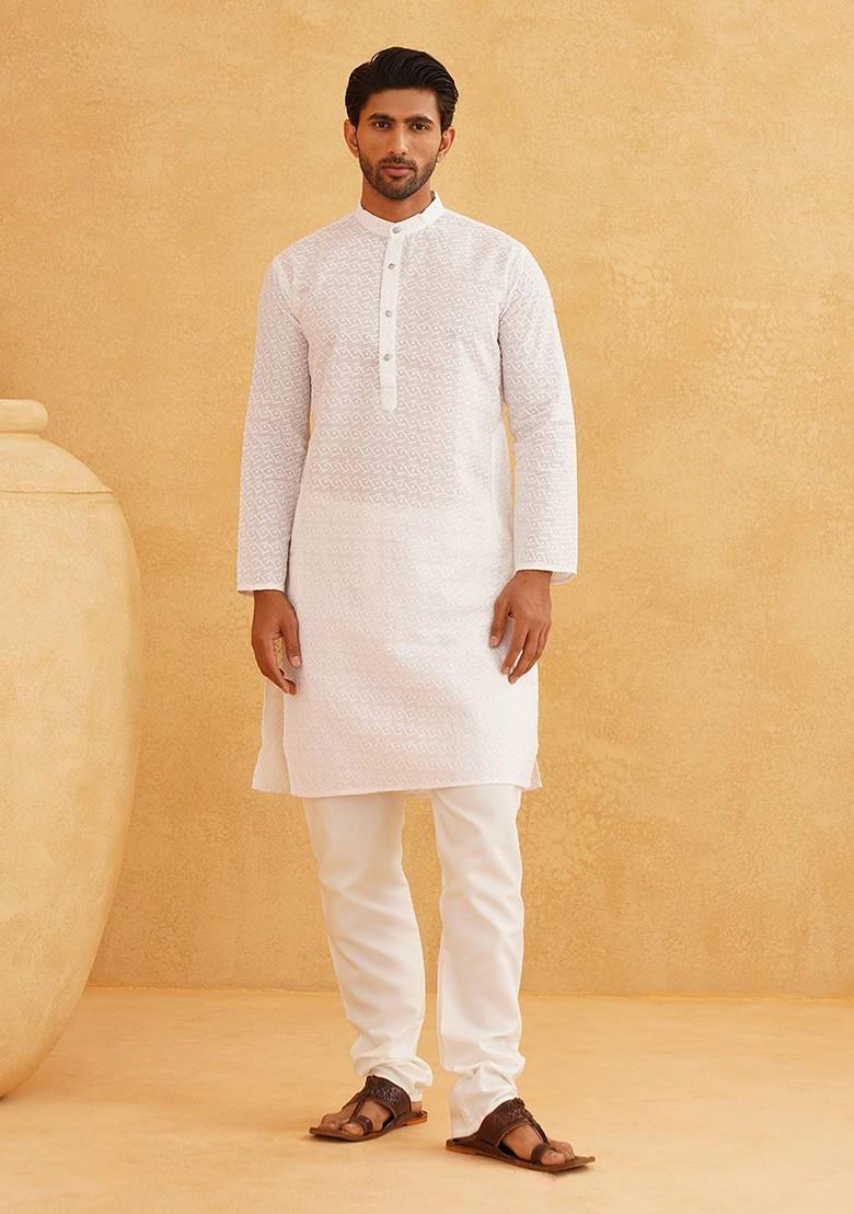 White Thread Work Cotton Kurta Set For Men