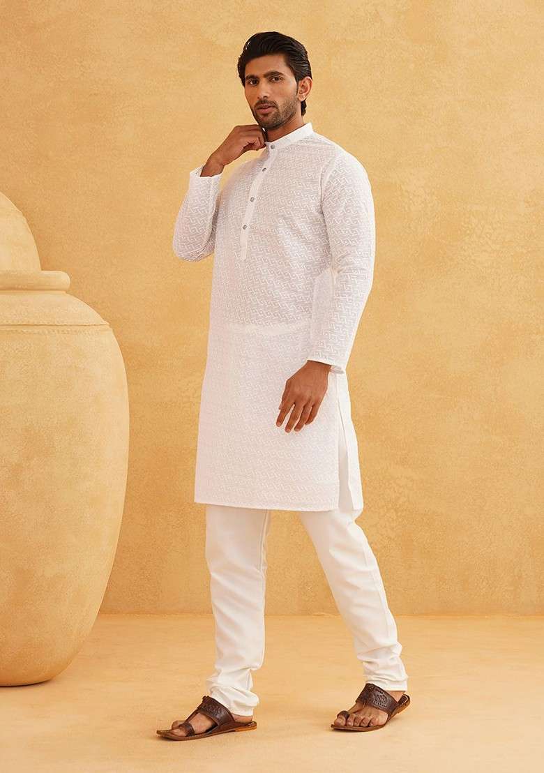 White Thread Work Cotton Kurta Set For Men - Indya