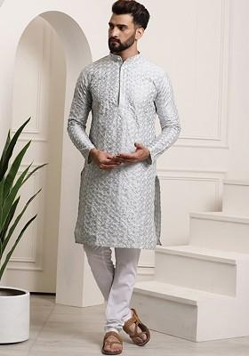 Grey Thread Work Cotton Kurta Set For Men