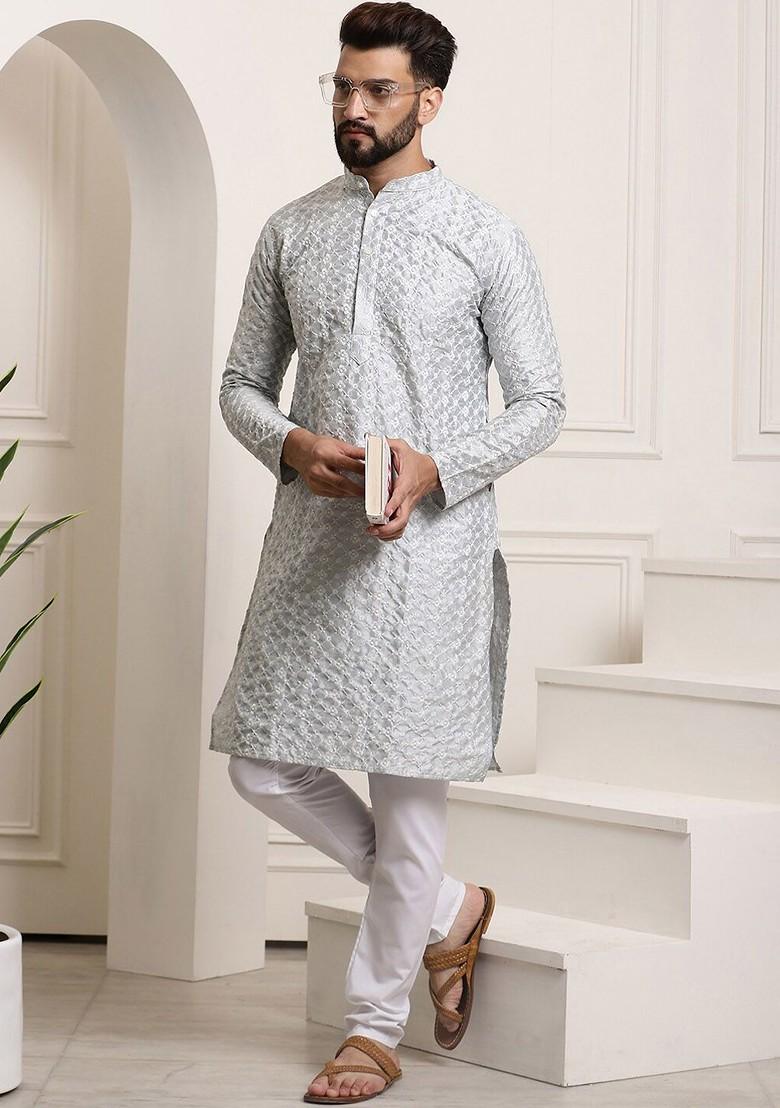 Grey Thread Work Cotton Kurta Set For Men