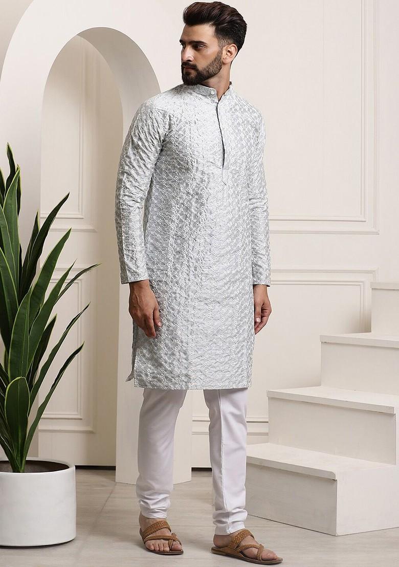 Grey Thread Work Cotton Kurta Set For Men