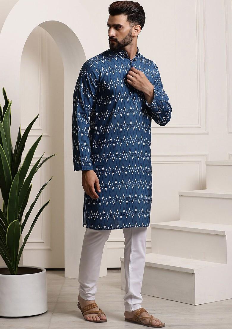 Navy Blue Printed Cotton Kurta Set For Men
