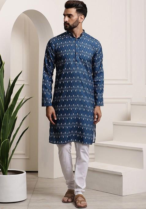 Navy Blue Printed Cotton Kurta Set For Men