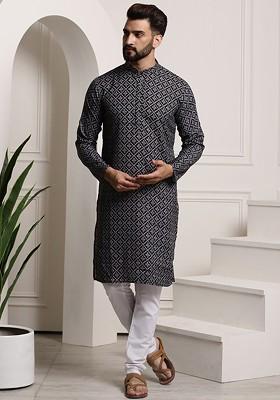 Black Ethnic Motifs Cotton Kurta Set For Men