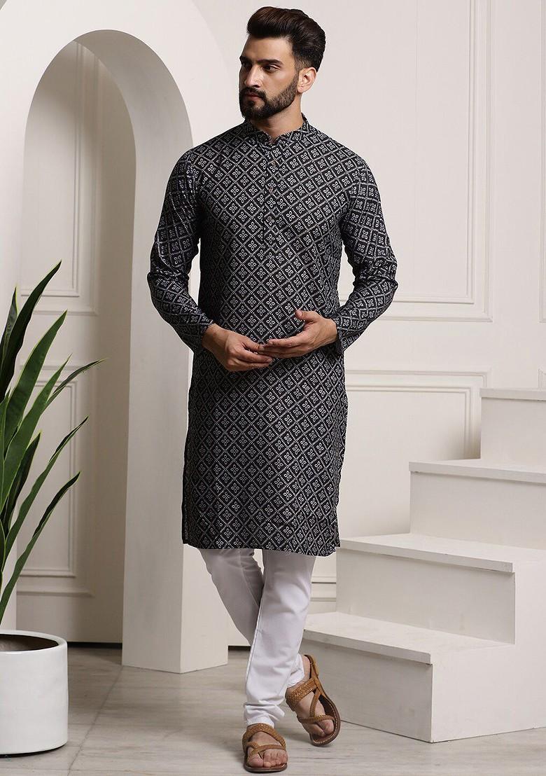 Black Ethnic Motifs Cotton Kurta Set For Men