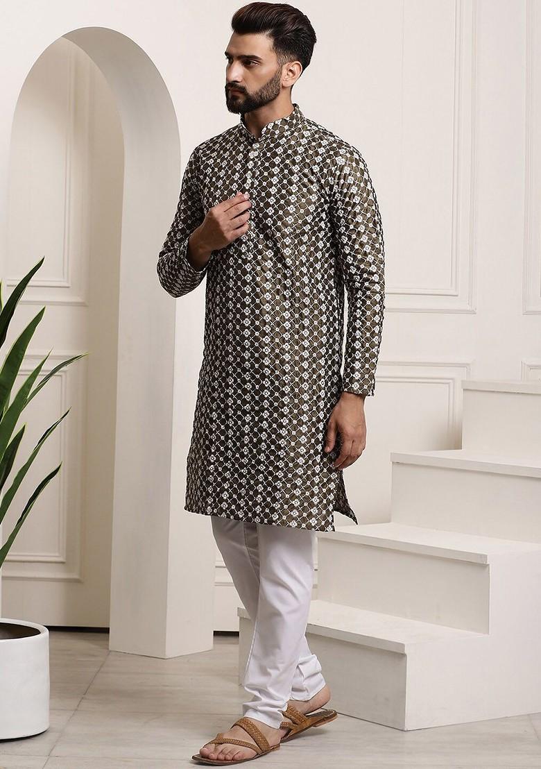 Olive Embroidered Poly Blend Kurta Set For Men