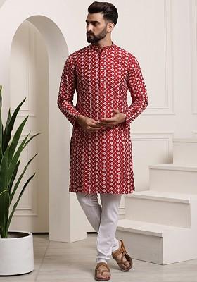 Maroon Thread Work Poly Blend Kurta Set For Men