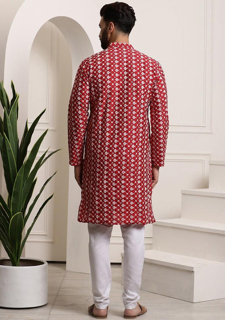 Maroon Thread Work Poly Blend Kurta Set For Men