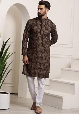 Mustard Printed Cotton Kurta Set For Men