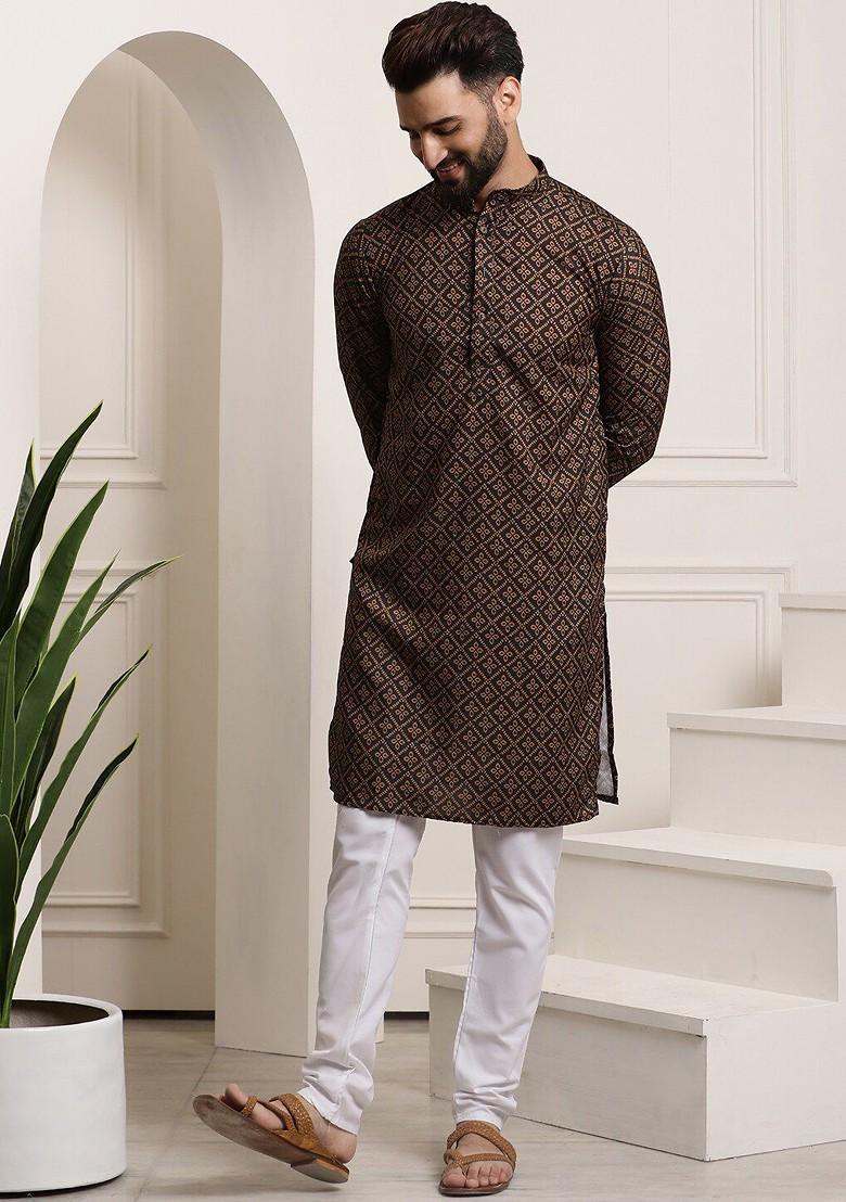 Mustard Printed Cotton Kurta Set For Men