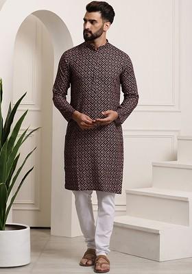 Black Ethnic Motifs Cotton Kurta Set For Men