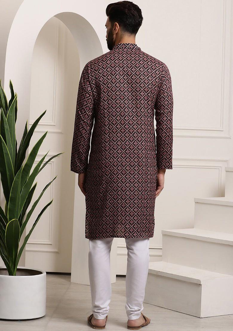 Black Ethnic Motifs Cotton Kurta Set For Men