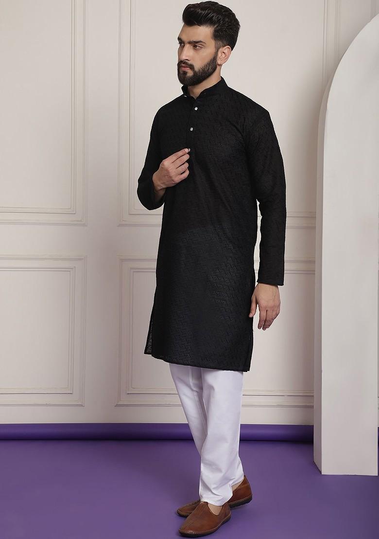 Black Thread Work Cotton Kurta Set For Men