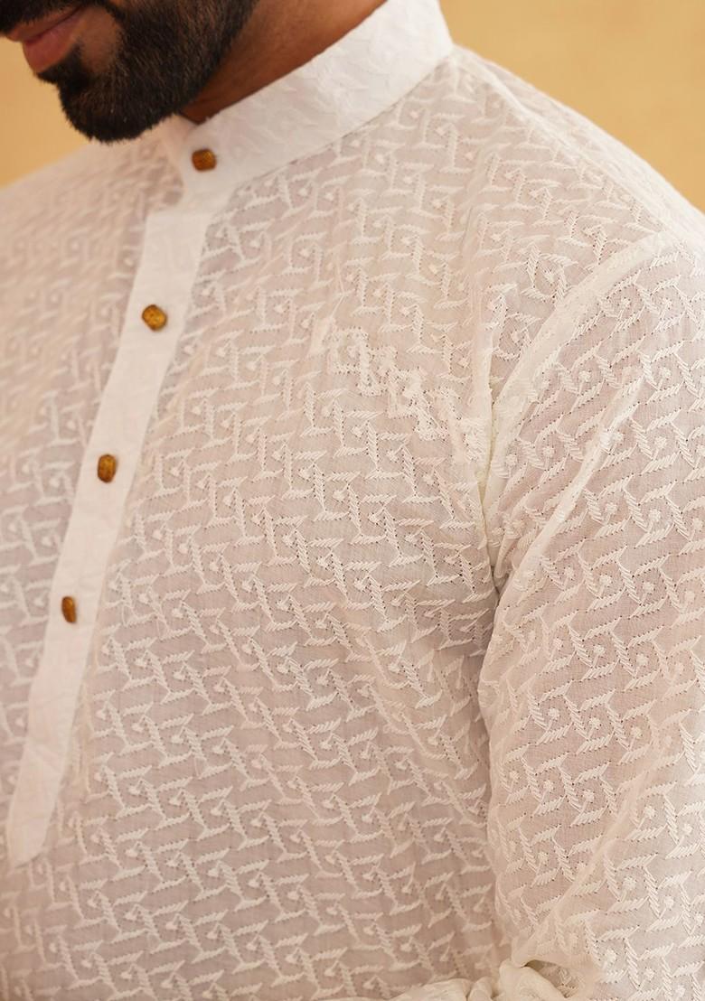 Cream Thread Work Cotton Kurta Set For Men