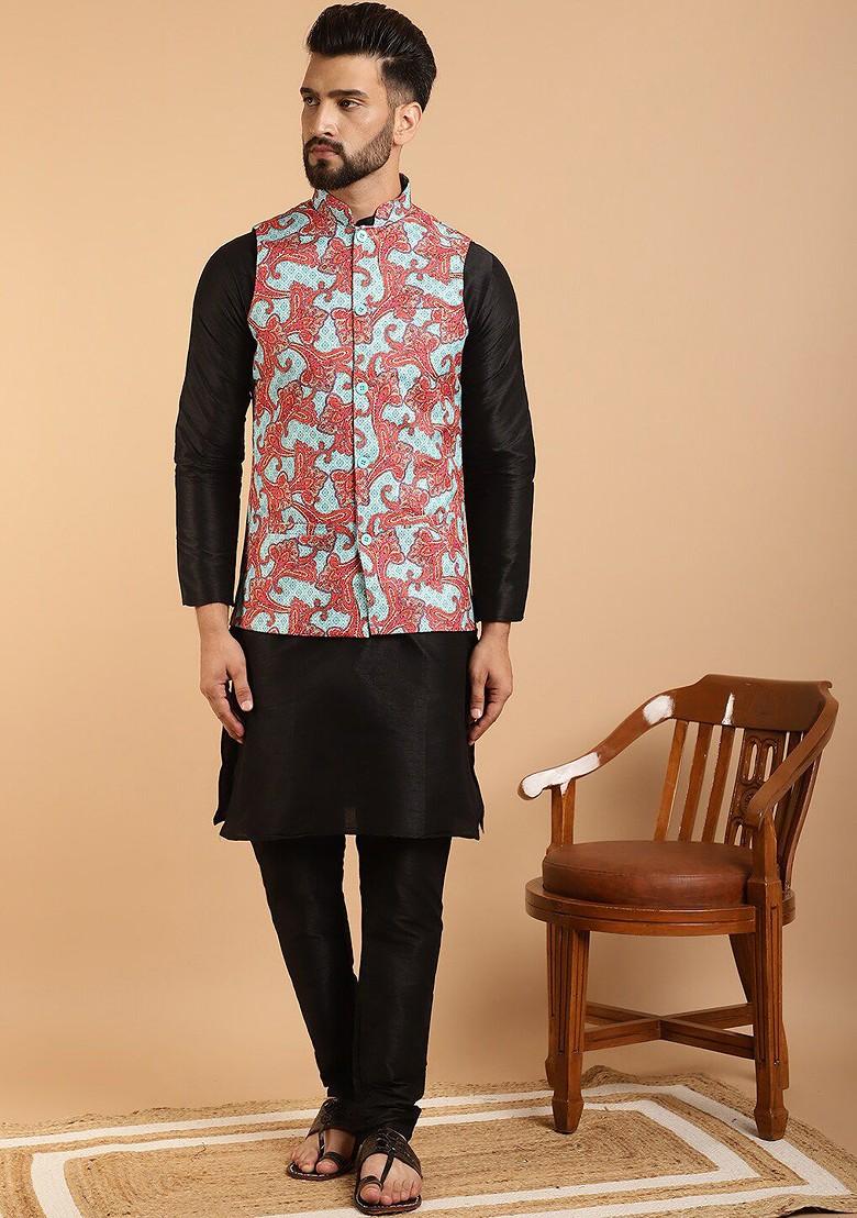 Black Ethnic Motifs Poly Blend Kurta Set For Men