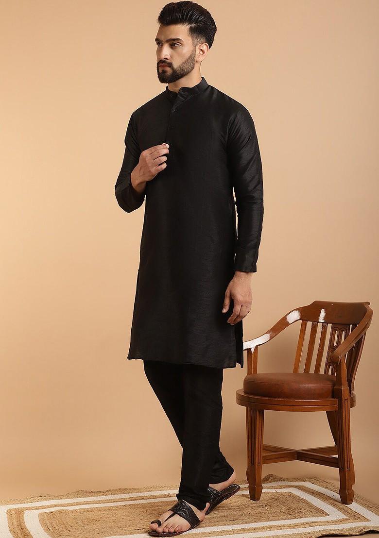 Black Ethnic Motifs Poly Blend Kurta Set For Men