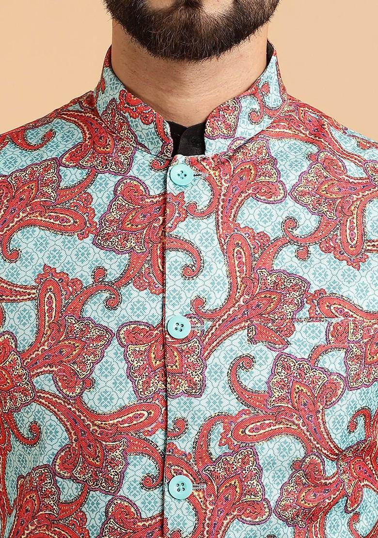 Black Ethnic Motifs Poly Blend Kurta Set For Men