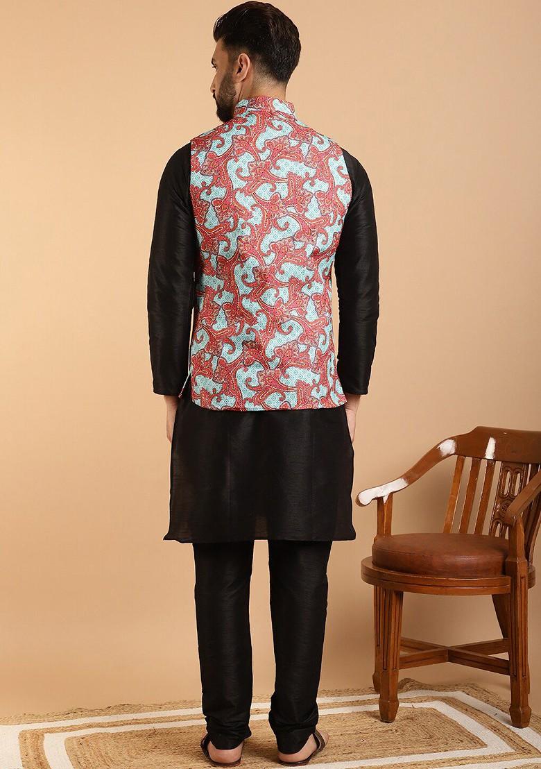 Black Ethnic Motifs Poly Blend Kurta Set For Men