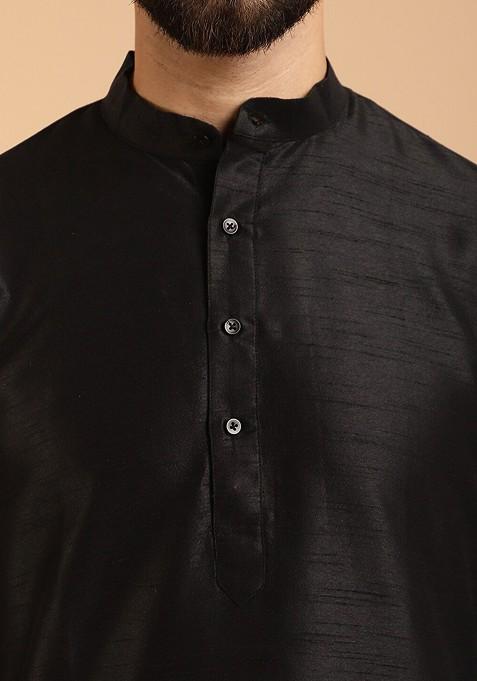 Black Ethnic Motifs Poly Blend Kurta Set For Men