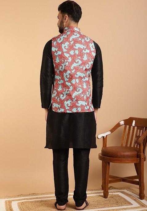Black Ethnic Motifs Poly Blend Kurta Set For Men