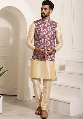 Gold Printed Poly Blend Kurta Set For Men
