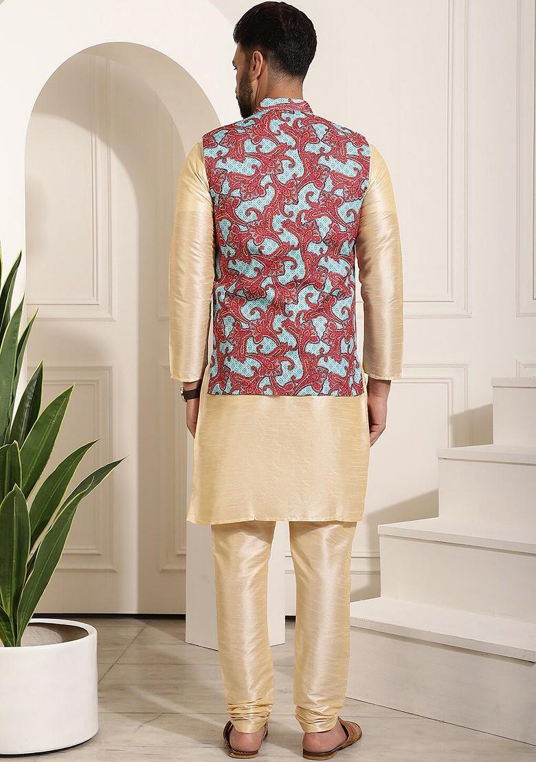 Gold Printed Poly Blend Kurta Set For Men