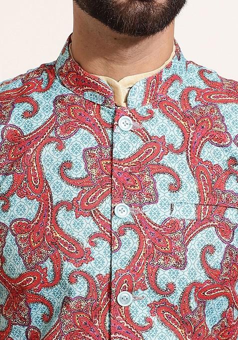 Gold Printed Poly Blend Kurta Set For Men