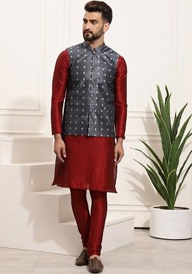 Maroon Printed Poly Blend Kurta Set For Men